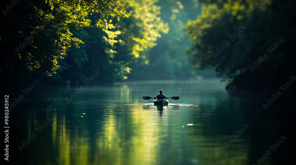 silhouette of kayaker on calm green lake in forest silhouette of kayaker on calm green lake in forest