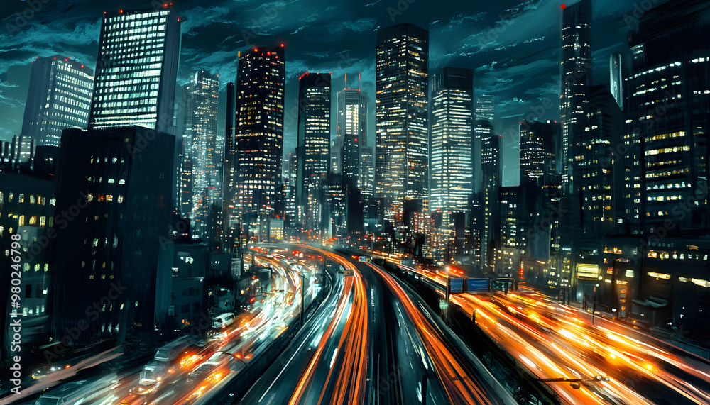 Obraz premium A bustling city at night, with skyscrapers illuminated and traffic creating streaks of light