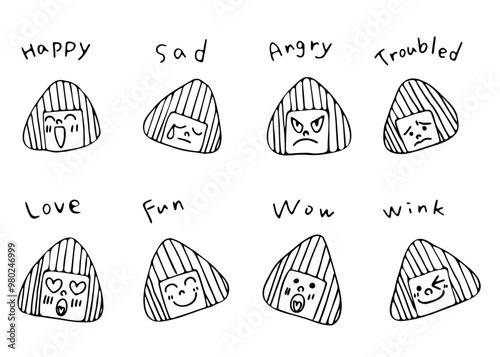 Hand-drawn cute face set of joy, anger and sorrow, monochrome