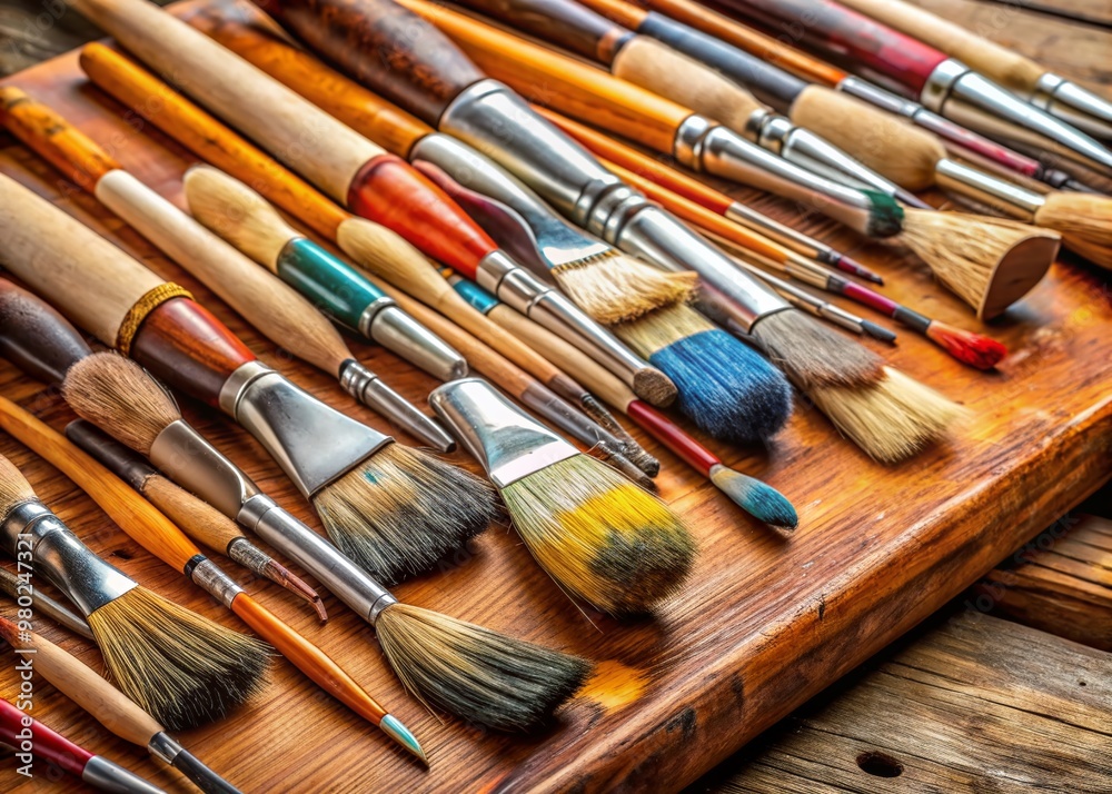 Assorted paintbrushes with unique designs and shapes lie on a wooden board, showcasing innovative tools for artistic expression and creative experimentation in a museum setting. Assorted paintbrushes with unique designs and shapes lie on a wooden board, showcasing innovative tools for artistic expression and creative experimentation in a museum setting.