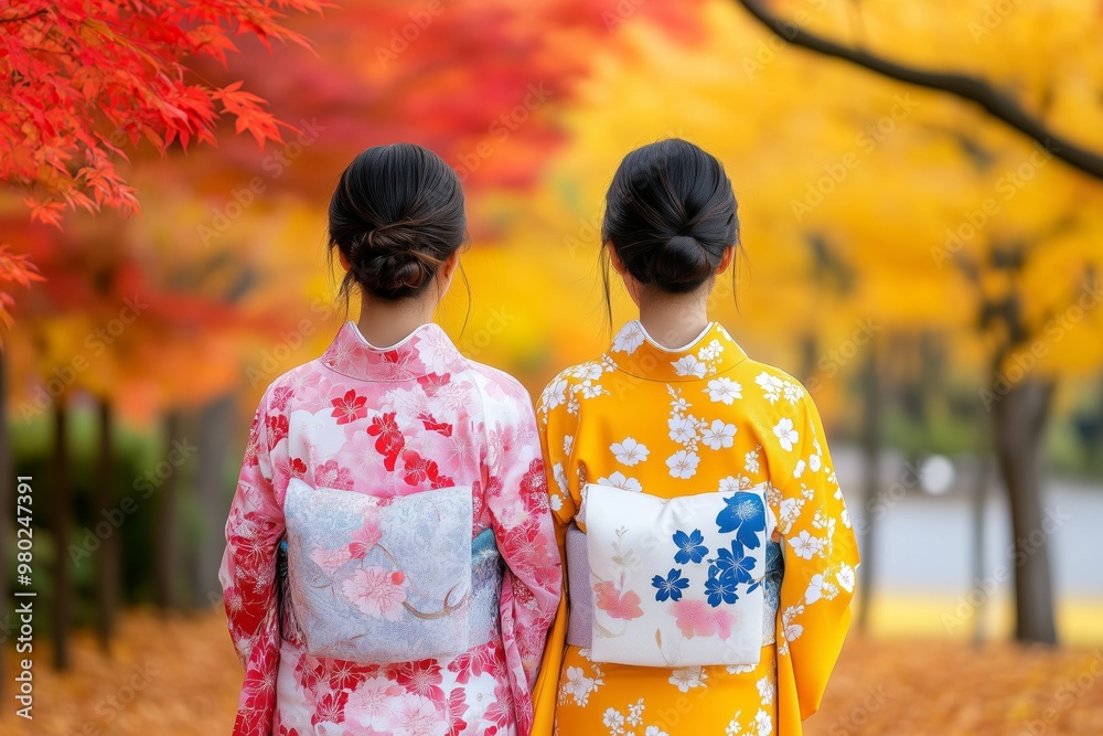 Two Women in Colorful Kimonos Walking Amongst Vibrant Autumn Trees in Japanese garden. Cultural and seasonal concept Two Women in Colorful Kimonos Walking Amongst Vibrant Autumn Trees in Japanese garden. Cultural and seasonal concept