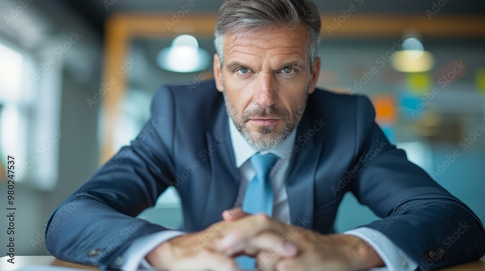 Businessman leaning forward with an engaging expression and hands on the table, actively participating in a discussion or meeting Businessman leaning forward with an engaging expression and hands on the table, actively participating in a discussion or meeting