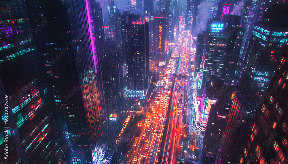Fototapeta premium A bustling city at night, with skyscrapers illuminated and traffic creating streaks of light