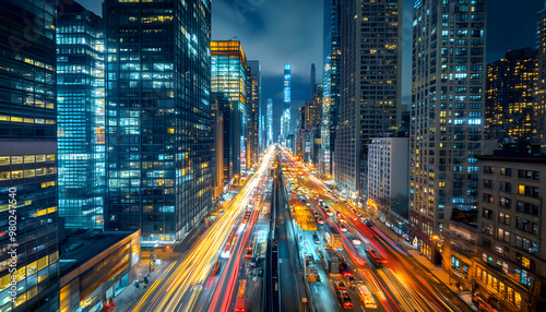 Wallpaper Mural A bustling city at night, with skyscrapers illuminated and traffic creating streaks of light Torontodigital.ca
