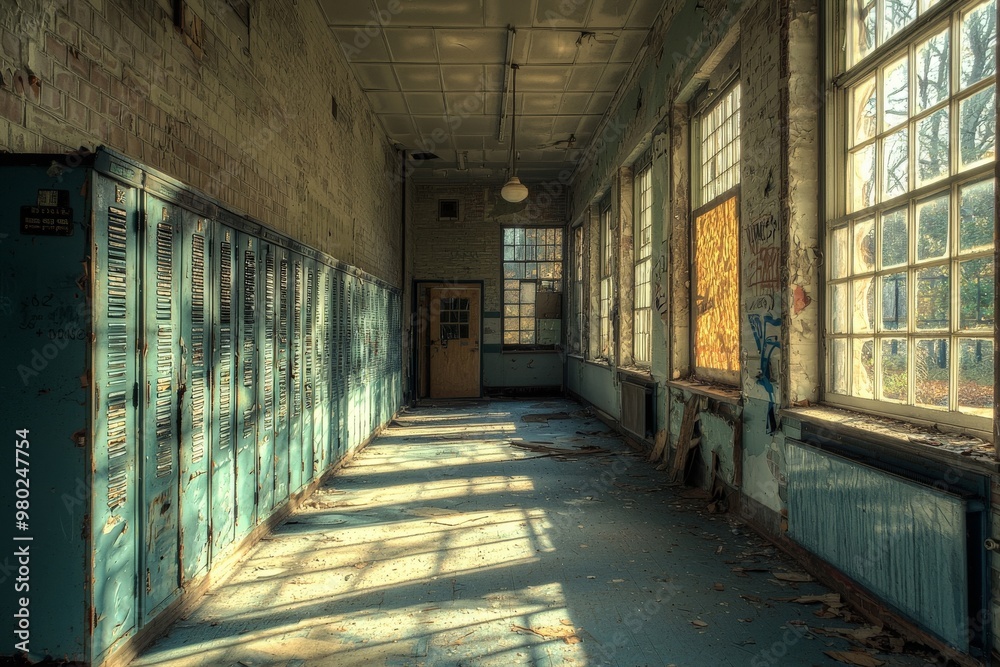 An abandoned urban school, with empty hallways, broken lockers, and faded memories, sunlight filtering through broken windows. An abandoned urban school, with empty hallways, broken lockers, and faded memories, sunlight filtering through broken windows.