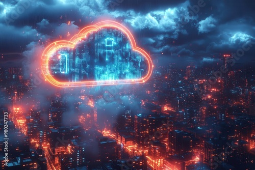 cyberpunk cloud lock icon glowing neon blue against dark cityscape digital rain matrixstyle encryption symbols futuristic data security concept technoir atmosphere photo