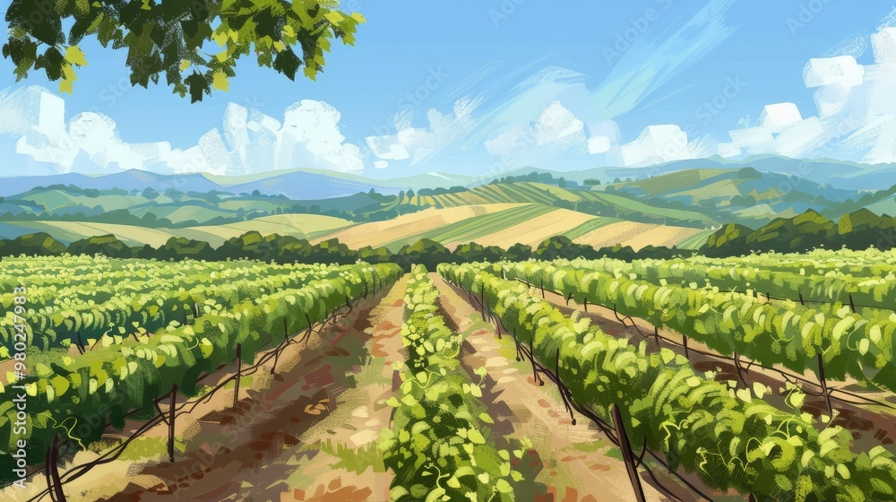 An illustrated vineyard landscape with rows of grapevines under a clear blue sky An illustrated vineyard landscape with rows of grapevines under a clear blue sky