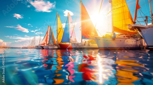 a picturesque summer harbor with boats docked, colorful sails fluttering in the breeze, and the bright sun reflecting off the calm water, capturing a nautical summer vibe, with copy space for text