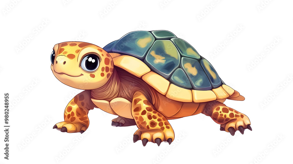 Fototapeta premium A charming cartoon turtle illustration featuring vibrant colors and cute details, perfect for children's materials or nature themes.