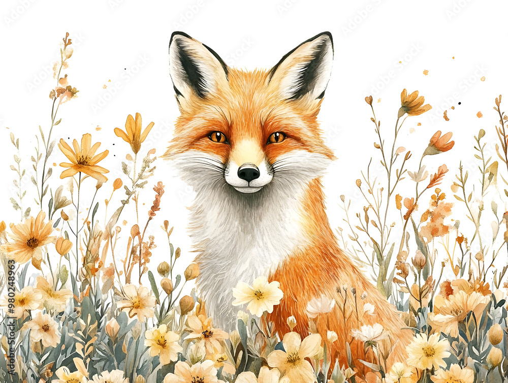 Obraz premium A charming fox amidst vibrant flowers, showcasing nature's beauty in a serene, colorful landscape.