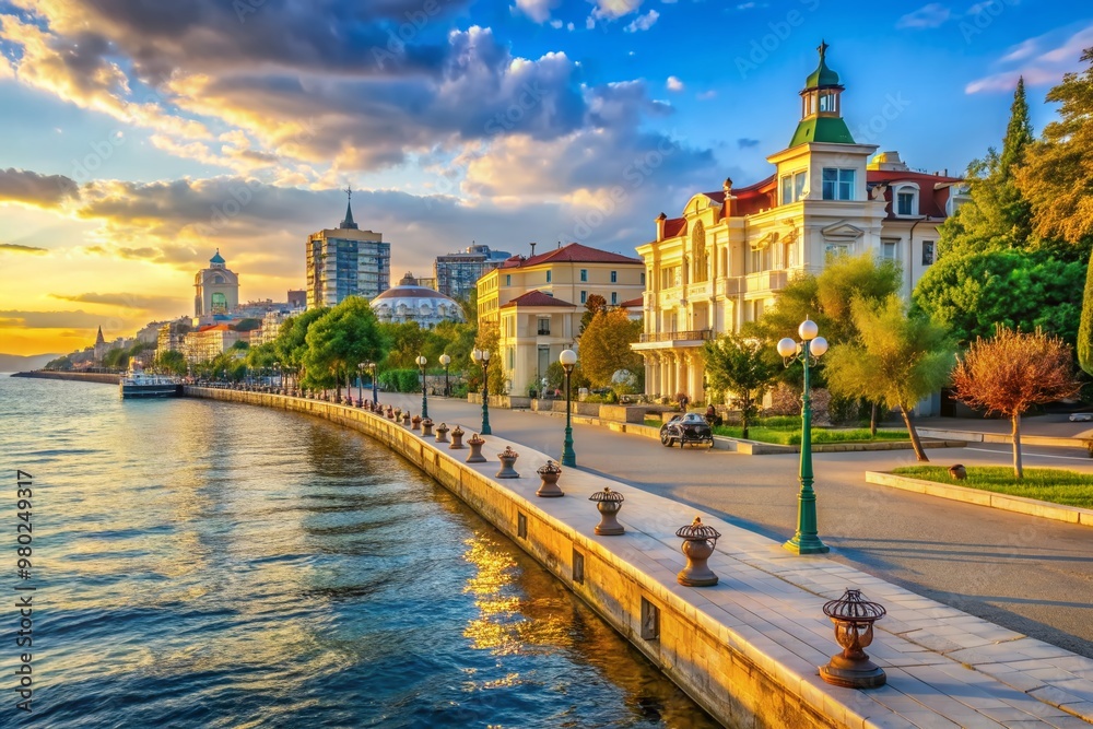 Fototapeta premium Vibrant city embankment basks in warm sunlight, showcasing picturesque views of the Black Sea and historic buildings along the scenic waterfront promenade.
