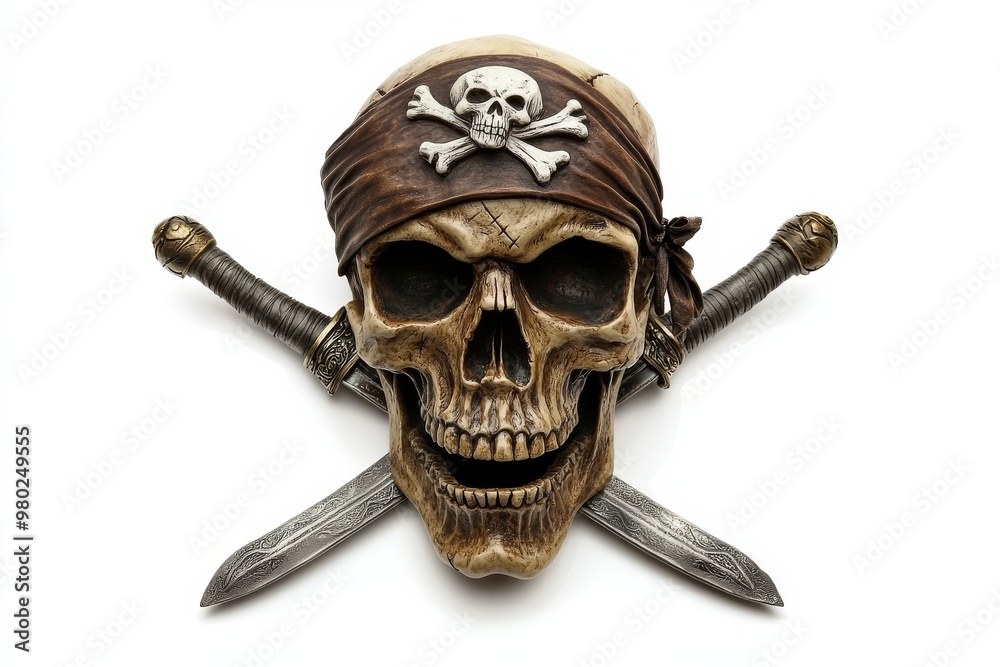 Fototapeta premium A detailed pirate skull with a bandana and crossed swords, isolated on white, perfect for stock images with a dark or adventurous theme