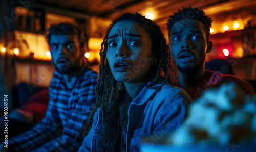 Frightened multiracial friends watching scary movie in cabin photo