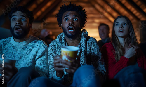 Frightened multiracial friends watching scary movie in cabin photo