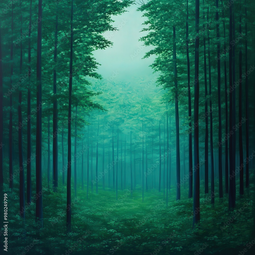 Naklejka premium A serene forest landscape enveloped in mist, showcasing vibrant green trees and a peaceful atmosphere for nature lovers.