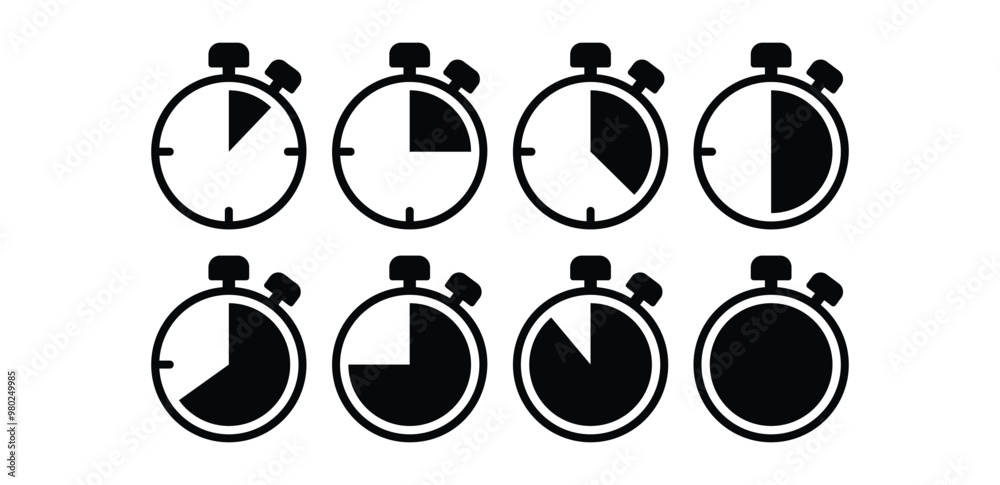 set of stopwatch timer countdown icon symbol vector design black white color simple flat illustration isolated set of stopwatch timer countdown icon symbol vector design black white color simple flat illustration isolated