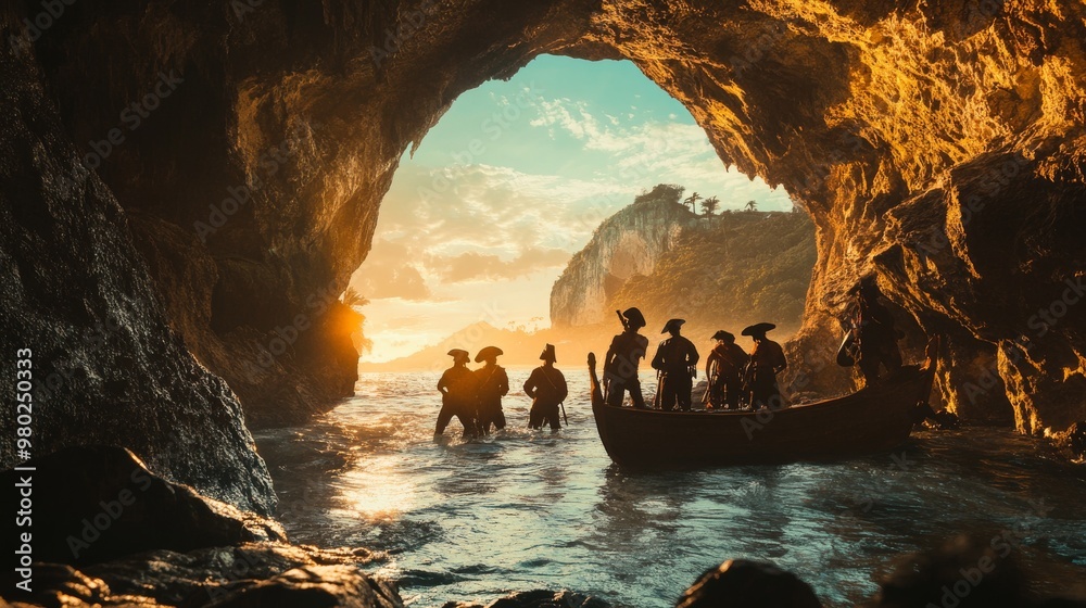 Obraz premium A group of pirates on an adventure, exploring a treasure island, perfect for stock images representing action, adventure, or storytelling