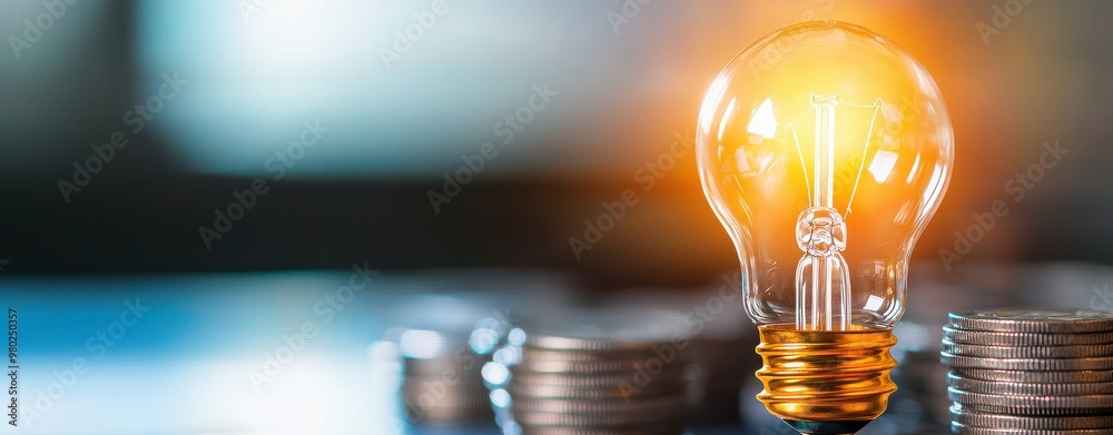 A glowing light bulb illuminating stacks of coins, symbolizing ideas, innovation, and financial growth.