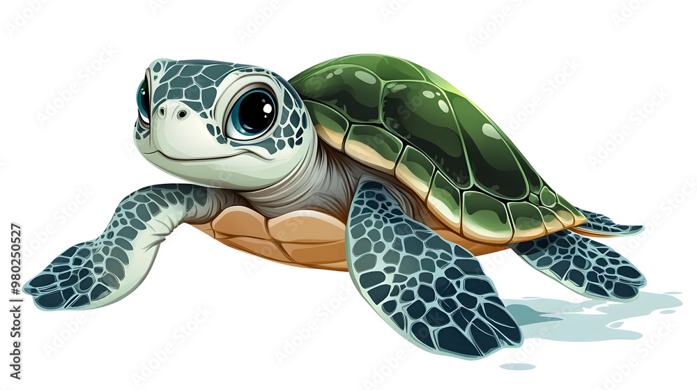 Fototapeta premium A cute and colorful cartoon turtle swimming in clear water, representing nature and ocean life.