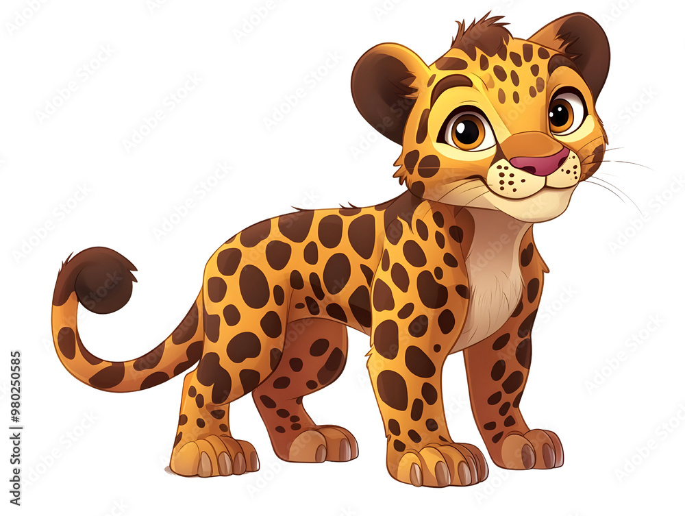 A cute animated leopard cub with big eyes and a playful expression, perfect for children's illustrations and educational materials. A cute animated leopard cub with big eyes and a playful expression, perfect for children's illustrations and educational materials.