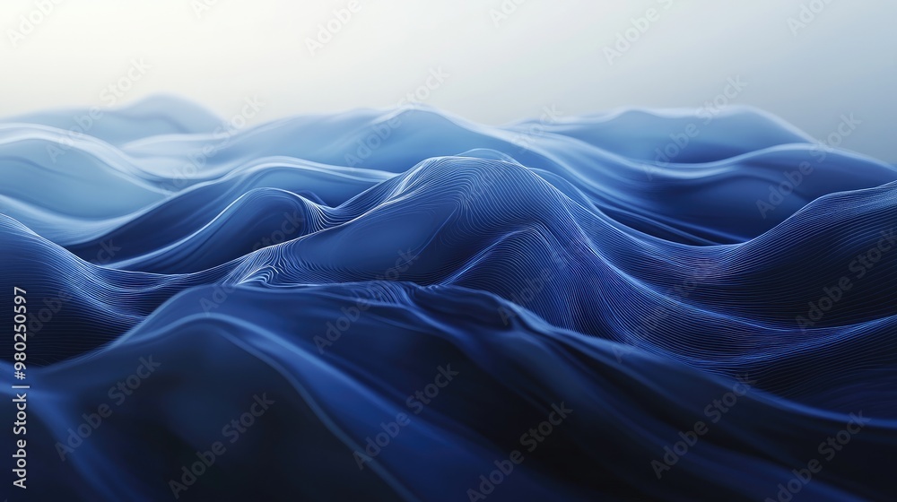Obraz premium Abstract blue waves, generated by AI in a sleek 3D scene, flowing across a smooth background. No people or logos. a