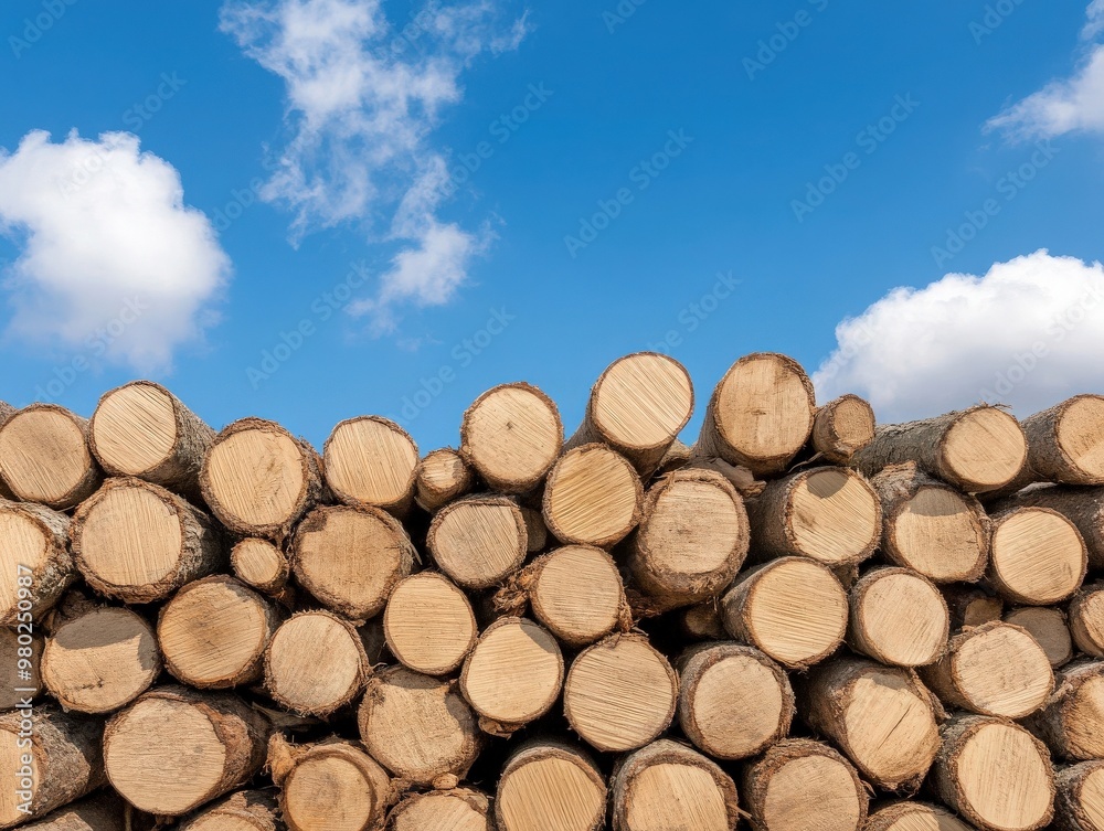 A stack of wooden logs against a bright blue sky with fluffy clouds, showcasing the beauty of natural wood and tranquil outdoor scenery. A stack of wooden logs against a bright blue sky with fluffy clouds, showcasing the beauty of natural wood and tranquil outdoor scenery.
