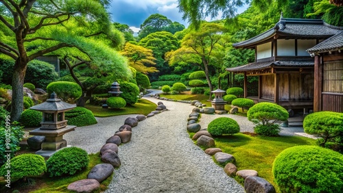 Serene summer scene of a tranquil Kyoto garden  featuring intricately raked gravel  vibrant greenery  and traditional Japanese lanterns surrounded by lush foliage.