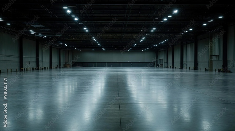 Empty industrial space with polished floor and lights. Empty industrial space with polished floor and lights.