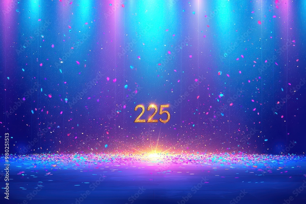 Obraz premium Magical stage with glowing 225 and light rays on dark background