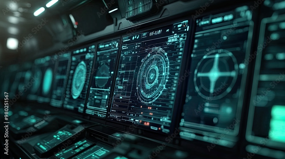 Obraz premium Futuristic control panel with digital displays.