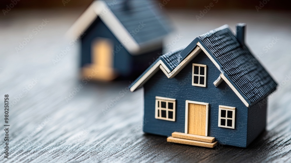 Miniature blue houses on a wooden surface. Miniature blue houses on a wooden surface.