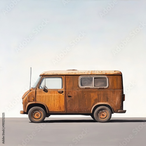 A vintage, weathered van showcasing rustic charm against a neutral backdrop, perfect for travel and nostalgia themes. photo