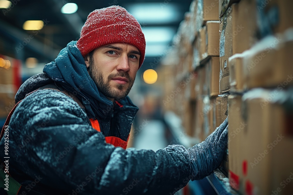 Man in Winter Clothing Working in a Warehouse Man in Winter Clothing Working in a Warehouse