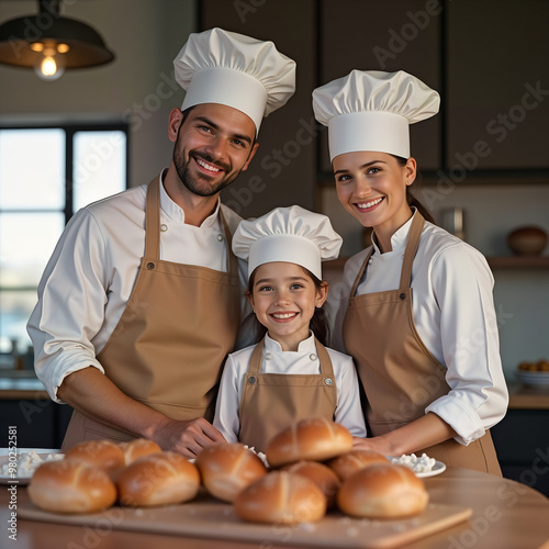 Cheerful family of three, dressed in chef uniforms, happily bake together in their cozy kitchen. Image captures the joy of cooking and family bonding, perfect for culinary themes and family activitis photo