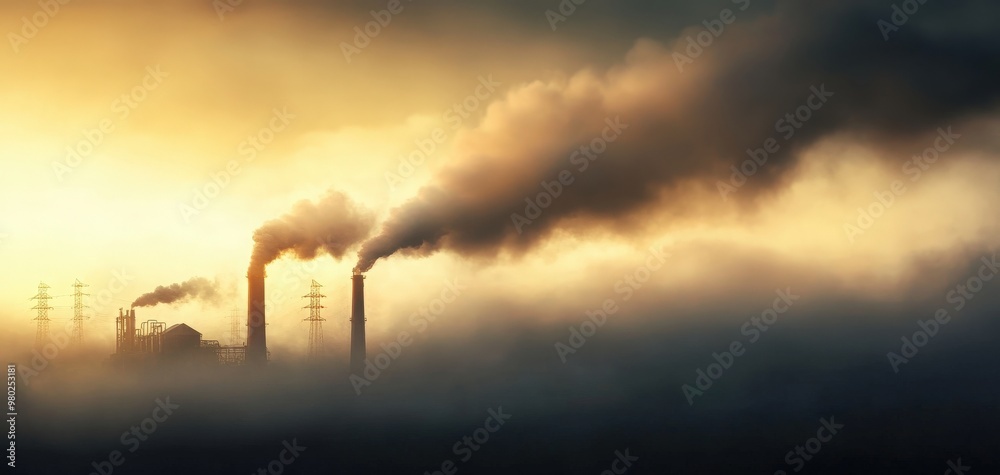 Industrial smoke billowing from factory chimneys against a dramatic sunset, symbolizing pollution and environmental impact. Industrial smoke billowing from factory chimneys against a dramatic sunset, symbolizing pollution and environmental impact.