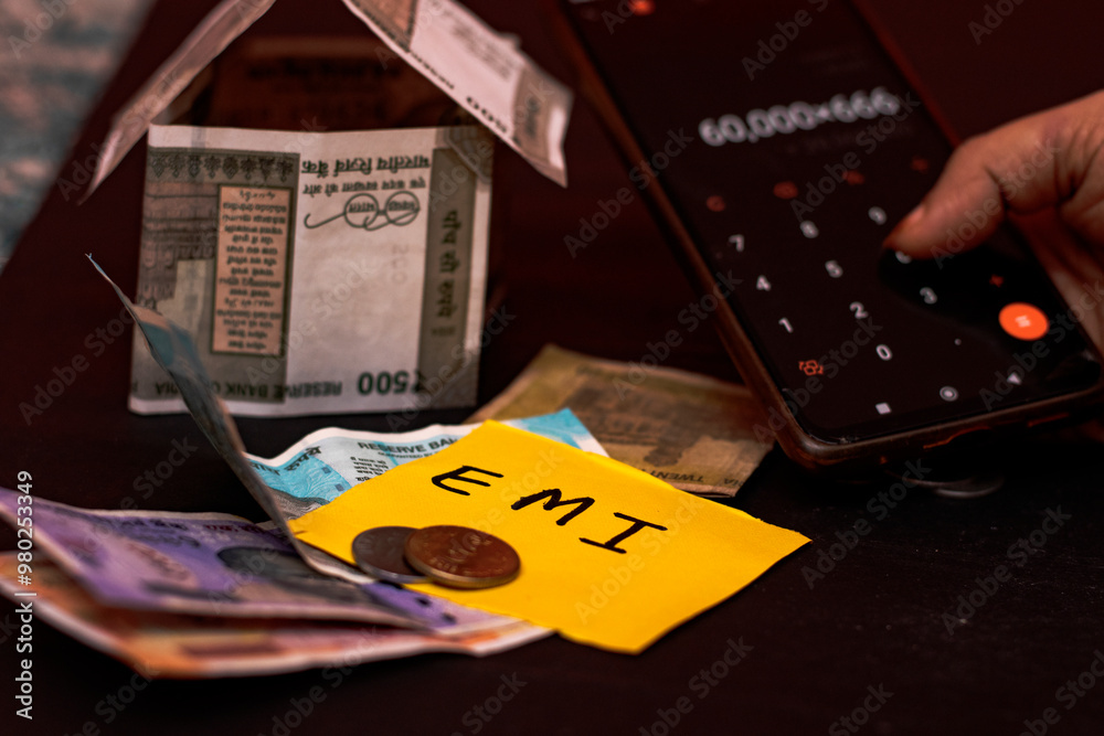 Indian Currency Notes Forming a Home with EMI Note – Concept of Home Loan and Financial Planning