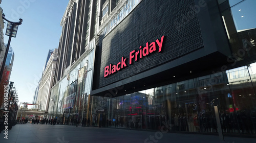 Large advertising stand with red inscription black friday at the entrance outside the shopping center.