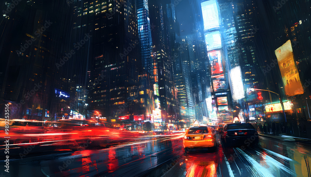 Fototapeta premium A bustling city at night, with skyscrapers illuminated and traffic creating streaks of light