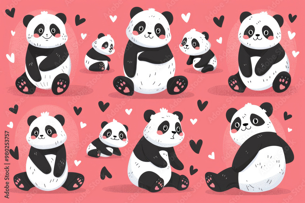 A panda drawn on paper with a pink background A panda drawn on paper with a pink background