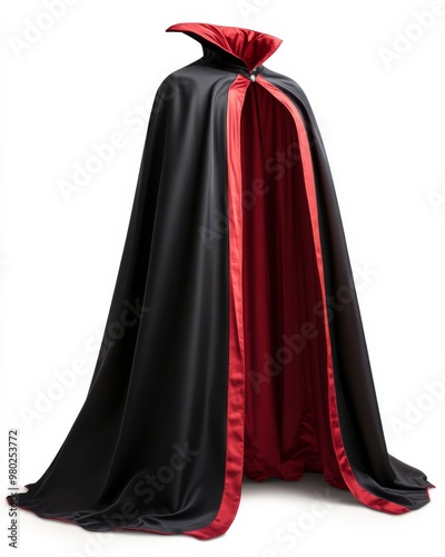 A vampire cape with red lining, draped on a white background