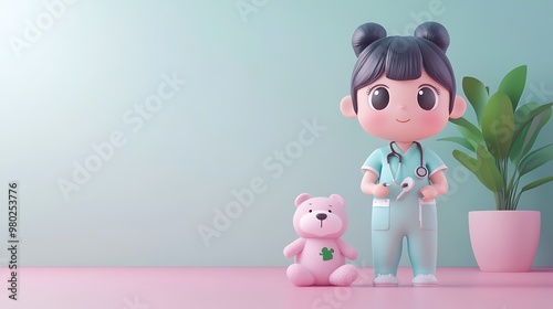 Cartoon Female Doctor with Stethoscope and Pink Teddy Bear