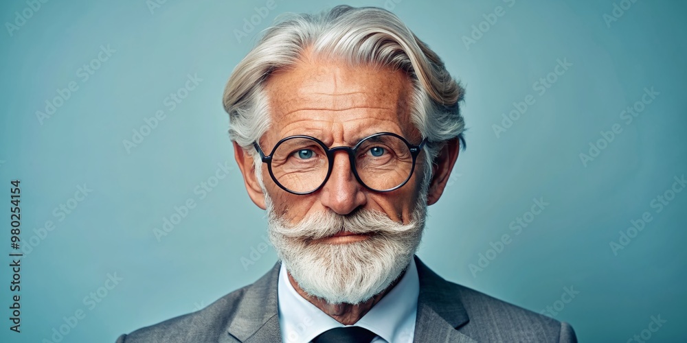 Elegant senior gentleman with round eyeglasses and silver hair posed against a soft light blue background, exuding wisdom, confidence, and a touch of sophistication. Elegant senior gentleman with round eyeglasses and silver hair posed against a soft light blue background, exuding wisdom, confidence, and a touch of sophistication.