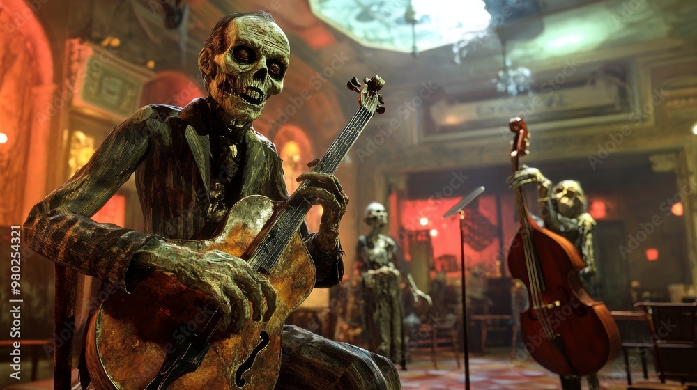 A zombie in a 1920s jazz club setting, decayed yet still performing, with broken instruments and ghostly dancers, A zombie in a 1920s jazz club setting, decayed yet still performing, with broken instruments and ghostly dancers,