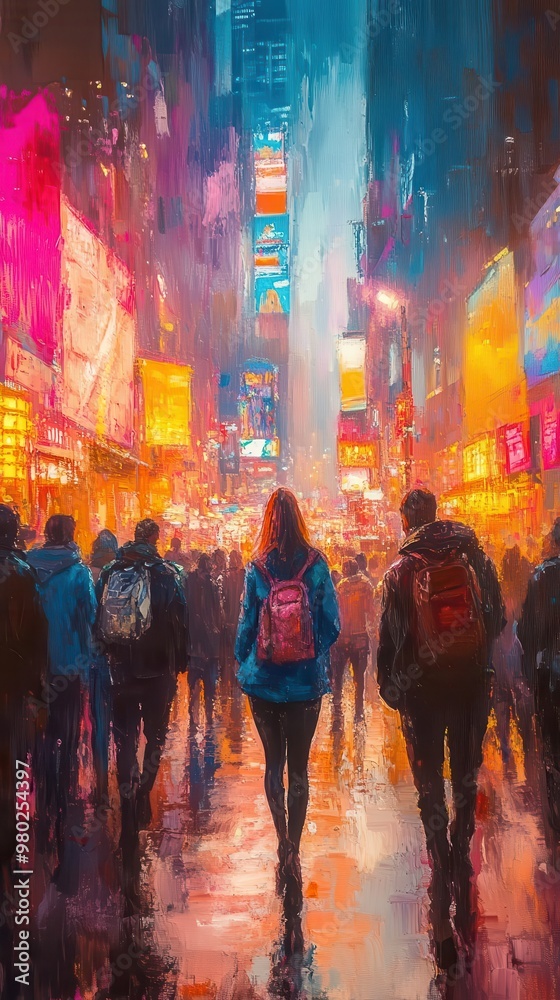 diverse crowd in urban street focus on confident woman impressionistic style vibrant colors city energy diverse crowd in urban street focus on confident woman impressionistic style vibrant colors city energy