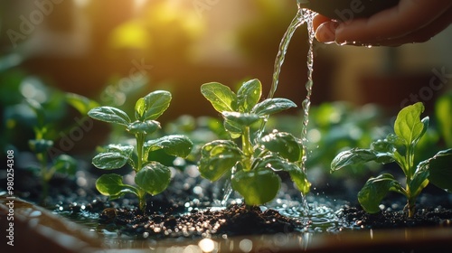 Watering Young Plants in Sunlight photo