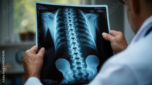 A doctor reviewing an X-ray of a patient's spine to identify the source of chronic back pain, spine X-ray chronic pain, medical examination photo