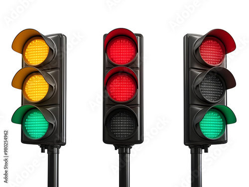 A vibrant illustration of traffic lights displaying red, yellow, and green signals, symbolizing road safety and traffic regulation. photo