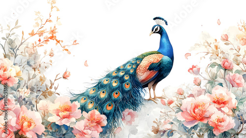 A vibrant peacock perched amidst beautiful blooming flowers, showcasing its stunning plumage against a floral backdrop.
