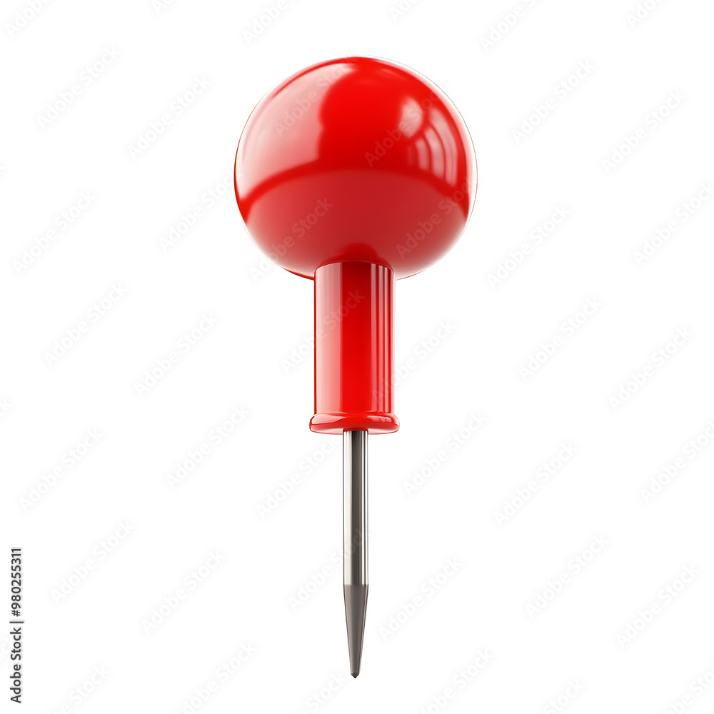 A vibrant red pushpin standing upright, ideal for marking important notes or locations on pinboards and maps. A vibrant red pushpin standing upright, ideal for marking important notes or locations on pinboards and maps.