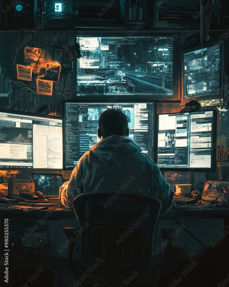 An individual working late into the night, surrounded by screens, unable to disconnect from work and technology, showing the grip of digital dependency. An individual working late into the night, surrounded by screens, unable to disconnect from work and technology, showing the grip of digital dependency.